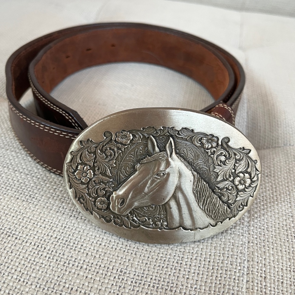 WESTERN Horse Head Belt Buckle Solid Brass Leather Belt Contrast Stitching Rodeo